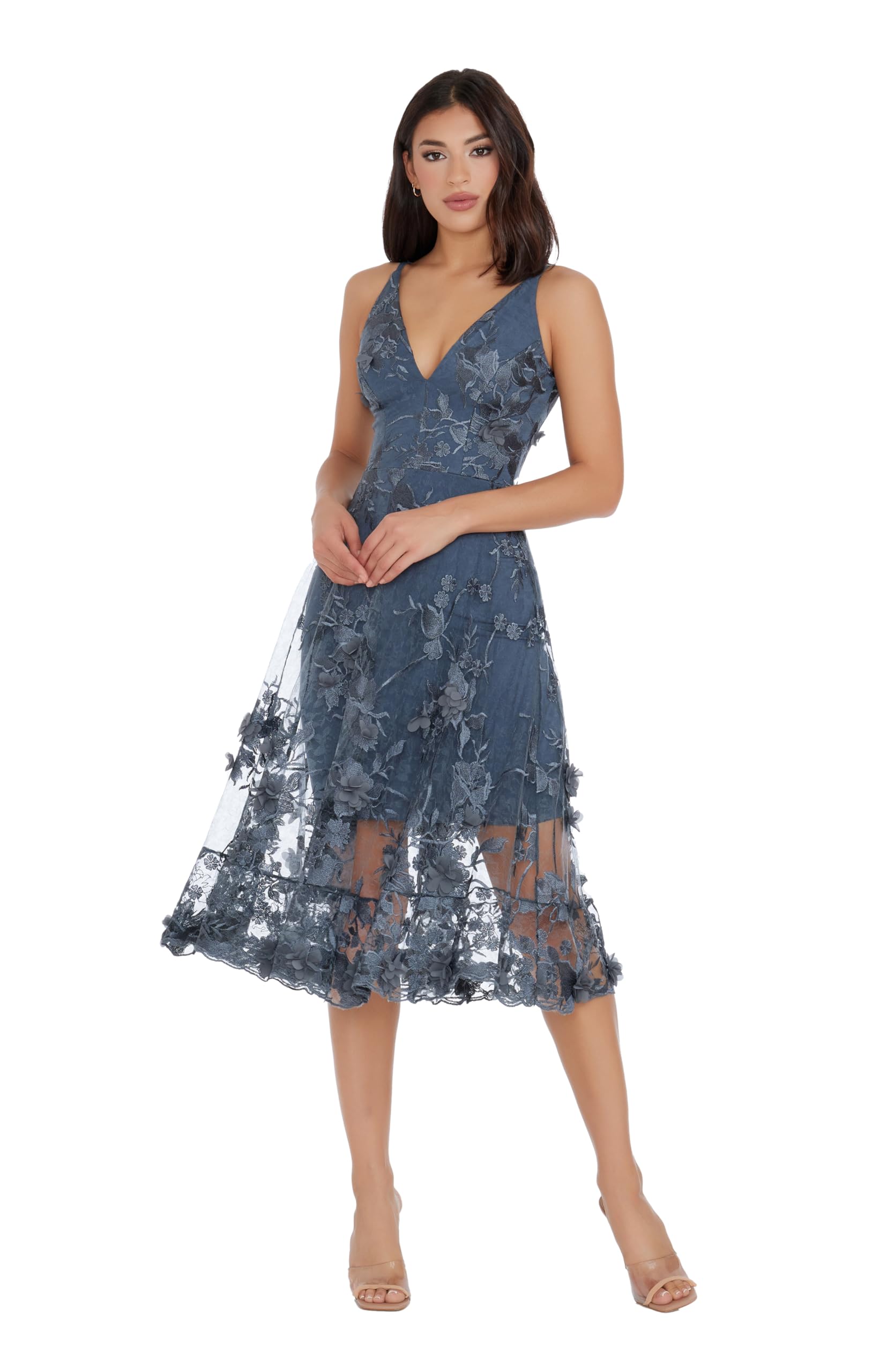 Dress The Population Womens Audrey Spaghetti Strap Midi A-line 3D Floral Dress - Image 3