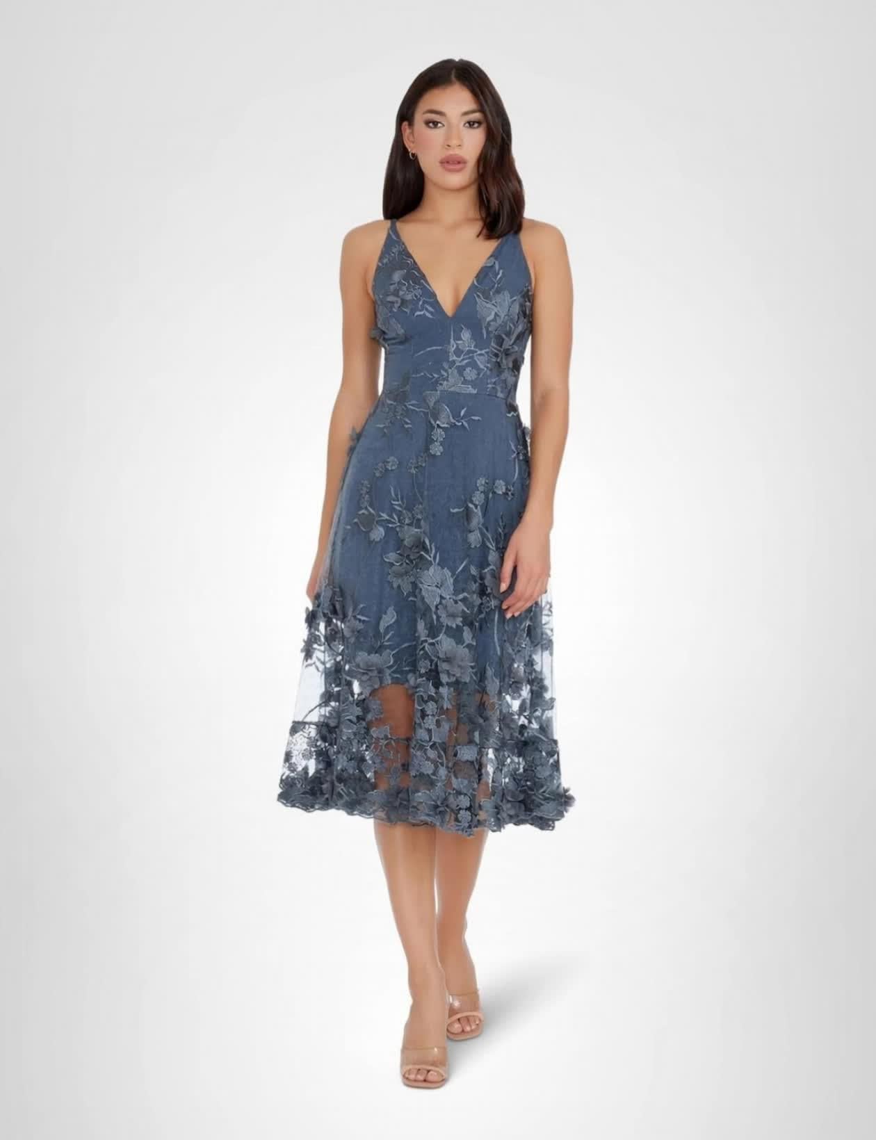 Dress The Population Womens Audrey Spaghetti Strap Midi A-line 3D Floral Dress - Image 4